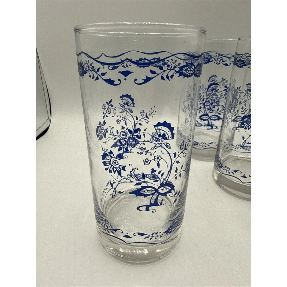 Vintage Libbey Corelle Blue Floral 1985 12 Oz Tumblers Set 4 Blue Onion Style